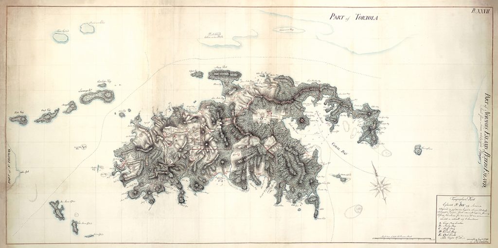 1780 map of Danish St. Jan prepared by Lieutenant Peter L. Oxholm. Map shows in detail the location of military fortifications and sugar estates, as well as the extent of cultivated lands.